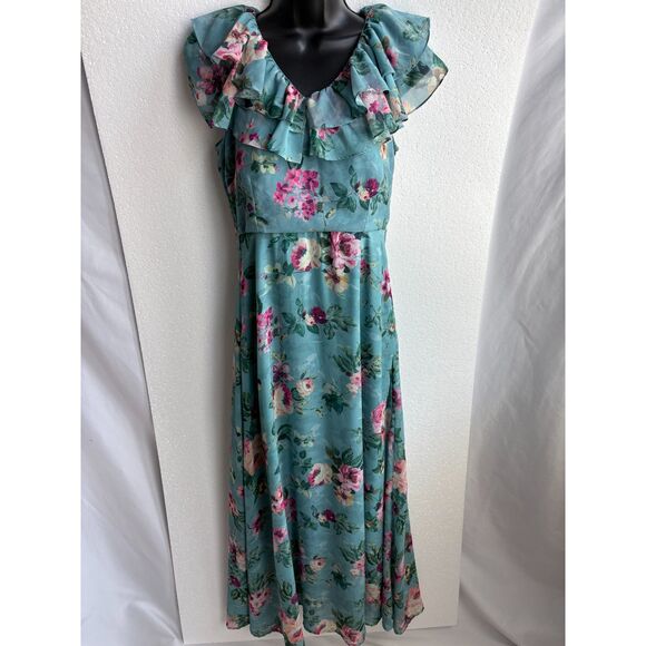 FabAlley Georgette A Line Maxi Casual Dress Size S Feminine Romantic Blue Floral - Picture 2 of 13